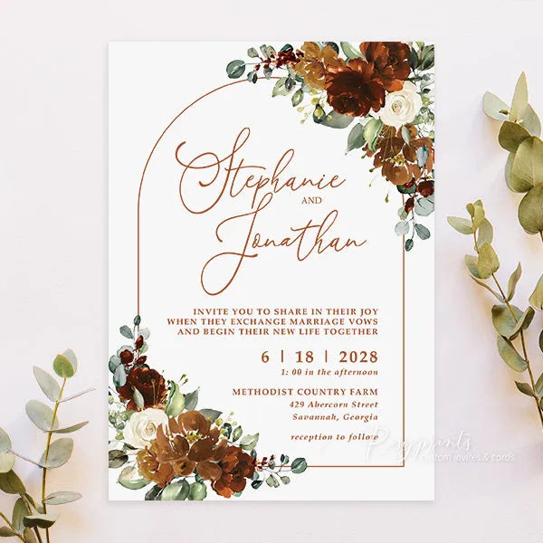 orange and burgundy rustic wedding invitations RPF24