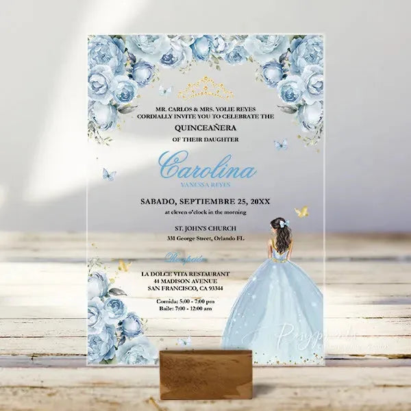 cinderella blue and gold acrylic quinceanera invitations ROSYA54