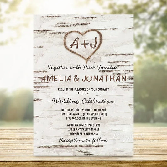 Carved heart oak tree rustic wedding invitations RPS23 - Rosy Prints