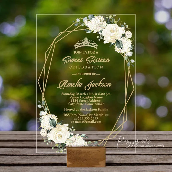 Ivory and champagne gold acrylic quinceanera invitations ROSYA95