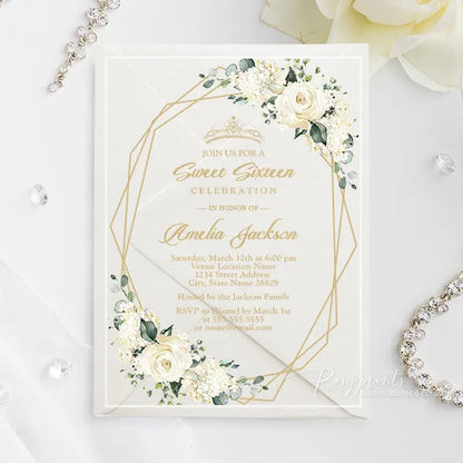 Ivory and champagne gold acrylic quinceanera invitations ROSYA95