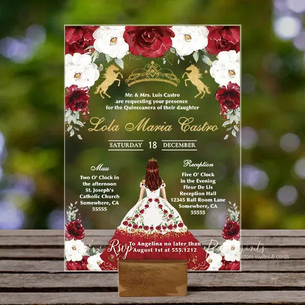 red Spanish charro acrylic quinceanera invitations ROSYA48