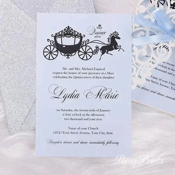 blue and silver Cinderella Quinceanera invitations ROSG09