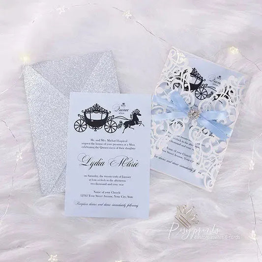 blue and silver Cinderella Quinceanera invitations ROSG09