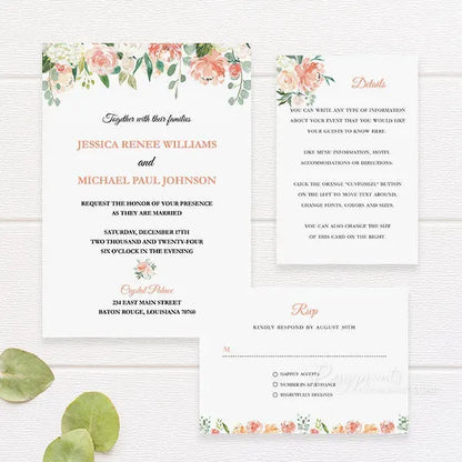 chic coral peach flower wedding invitations RPF26 - Rosy Prints