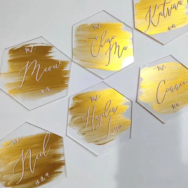 clear acrylic wedding name tags with gold stroke 