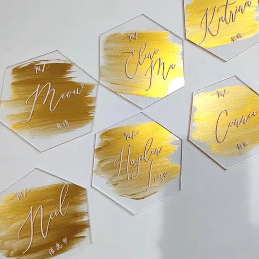 clear acrylic wedding name tags with gold stroke ROSYNP02 - Rosy Prints