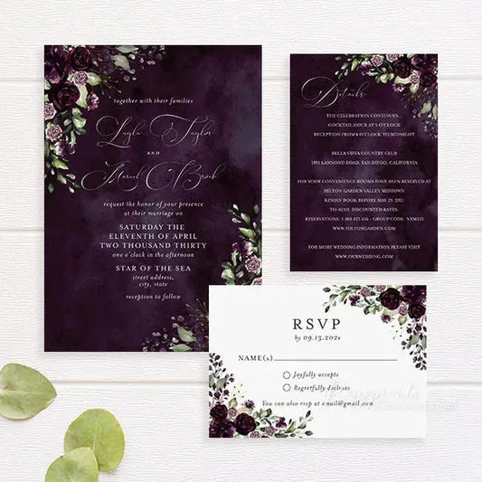 dark moody purple floral wedding invitations RPFLAT06 - Rosy Prints