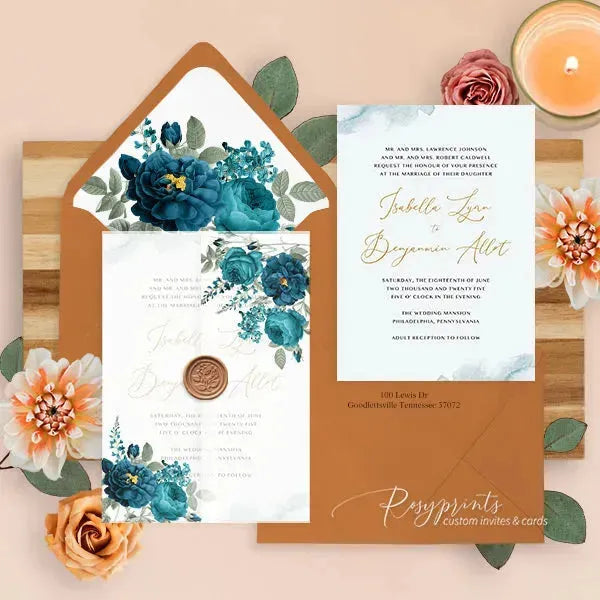 dark teal blue floral vellum wedding invitations ROSYV08 - Rosy Prints