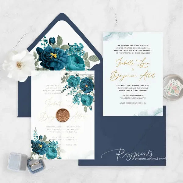 dark teal blue floral vellum wedding invitations ROSYV08 - Rosy Prints