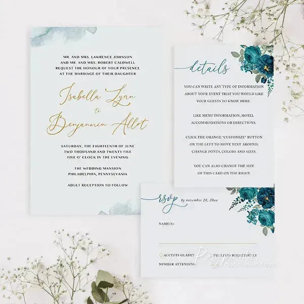 dark teal blue floral vellum wedding invitations ROSYV08 - Rosy Prints