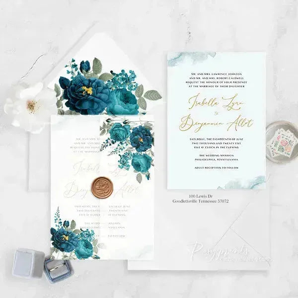 dark teal blue floral vellum wedding invitations ROSYV08 - Rosy Prints