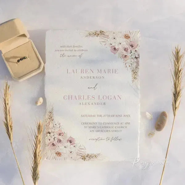 boho dusty rose deckled edge wedding invitations ROSYD03