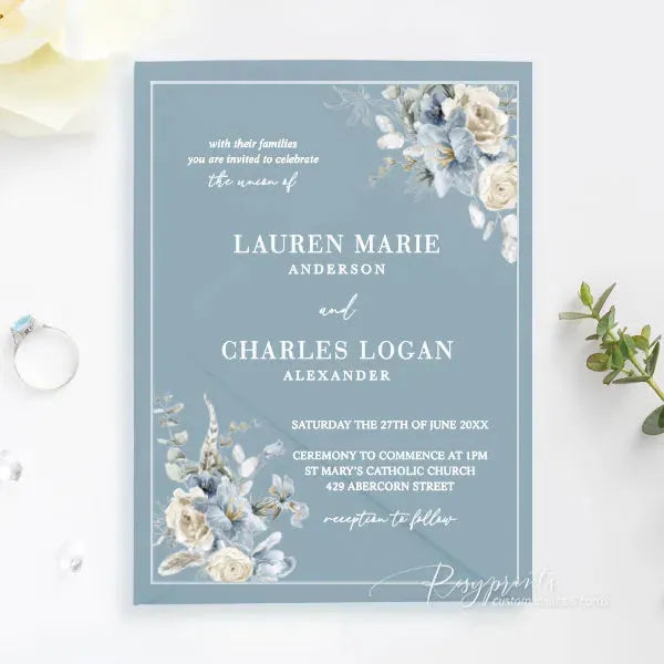 dusty blue and beige acrylic wedding invitations ROSYA34 - Rosy Prints