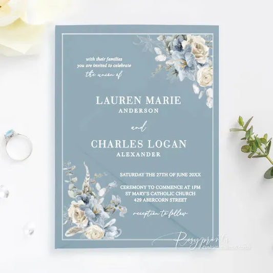 dusty blue and beige acrylic wedding invitations ROSYA34