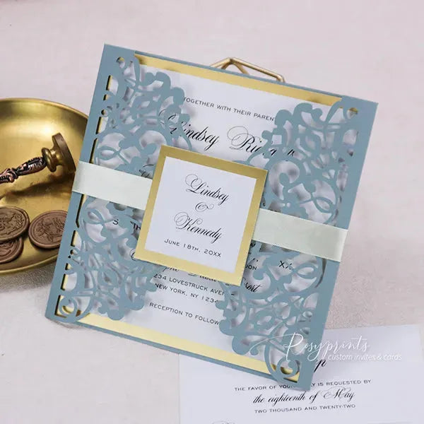 inviting dusty blue wedding invitations with gold liners ROSYG25