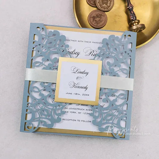 inviting dusty blue wedding invitations with gold liners ROSYG25 - Rosy Prints