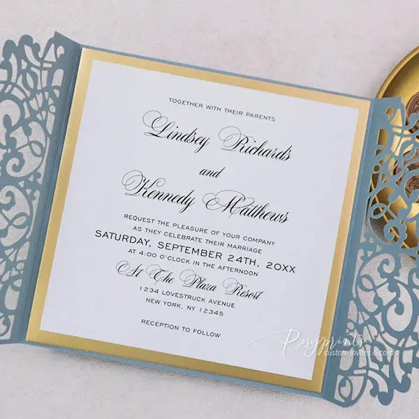 inviting dusty blue wedding invitations with gold liners ROSYG25