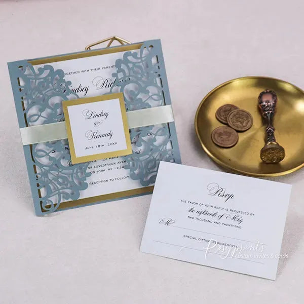 inviting dusty blue wedding invitations with gold liners ROSYG25