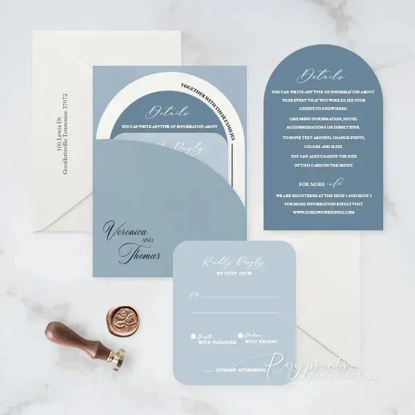 dusty blue arched pocket wedding invitations RPS08 - Rosy Prints