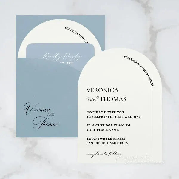 dusty blue arched pocket wedding invitations RPS08 - Rosy Prints