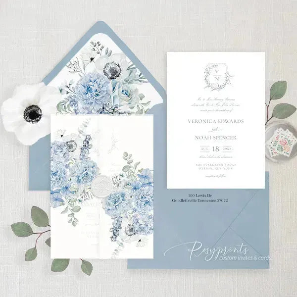 dusty blue white floral vellum wedding invitations ROSYV06