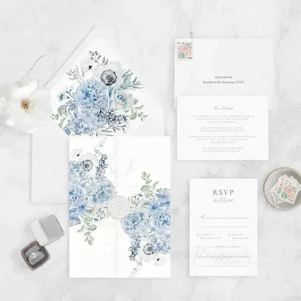 dusty blue white floral vellum wedding invitations ROSYV06