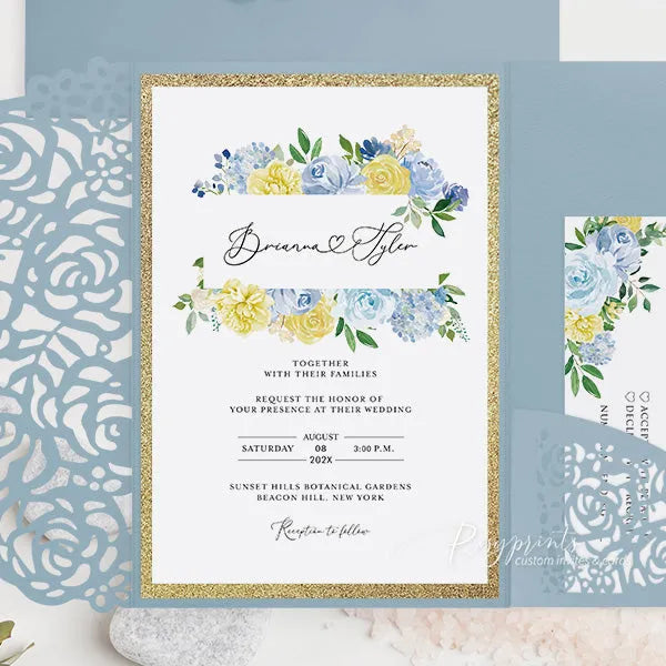 rustic light blue and yellow floral wedding invitations