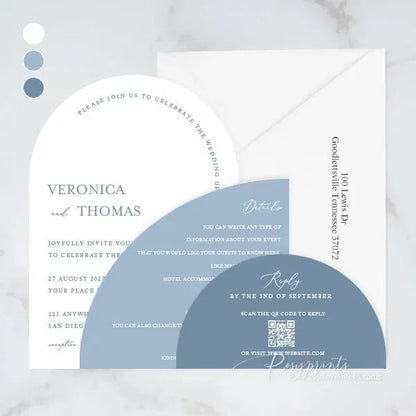 dusty blue arch stacked wedding invitations RPS04 - Rosy Prints