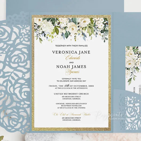 dusty blue white and gold pocket wedding invitations ROSYP31 - Rosy Prints