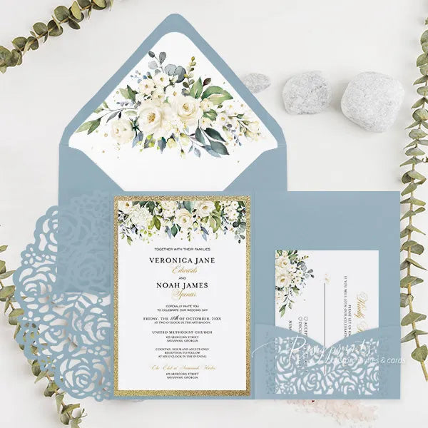 dusty blue white and gold pocket wedding invitations ROSYP31 - Rosy Prints