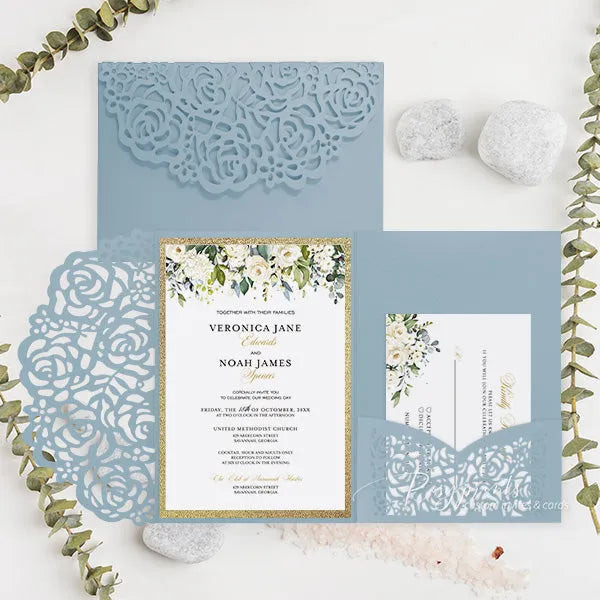 dusty blue white and gold pocket wedding invitations ROSYP31 - Rosy Prints