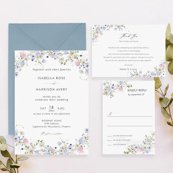 dusty blue and purple wildflower wedding invitations ROSYP02 - Rosy Prints