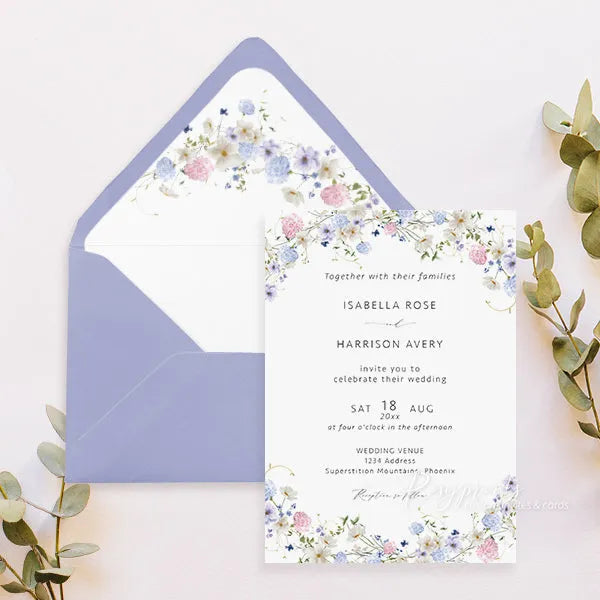 dusty blue and purple wildflower wedding invitations ROSYP02 - Rosy Prints