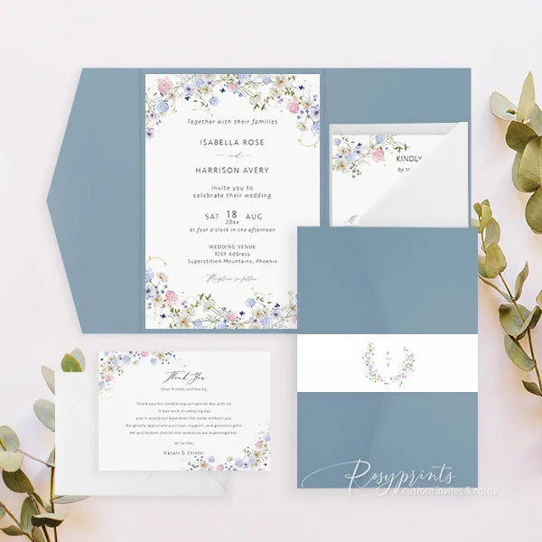 dusty blue and purple wildflower wedding invitations ROSYP02 - Rosy Prints