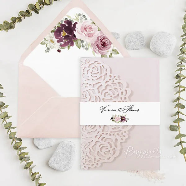 burgundy and dusty rose floral wedding invitations ROSYP22-B - Rosy Prints