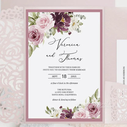 burgundy and dusty rose floral wedding invitations ROSYP22-B - Rosy Prints