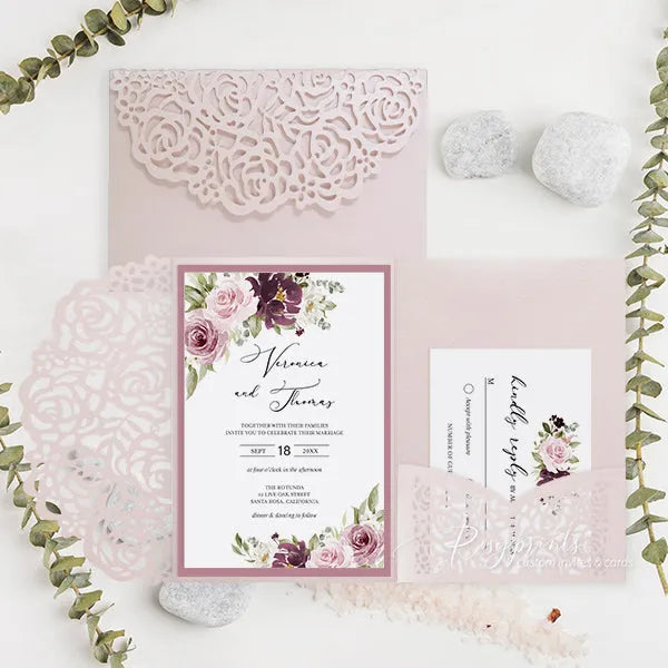 burgundy and dusty rose floral wedding invitations ROSYP22-B - Rosy Prints