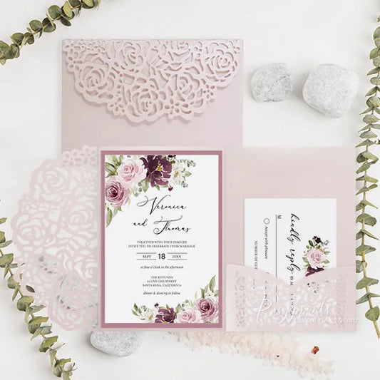 burgundy and dusty rose floral wedding invitations