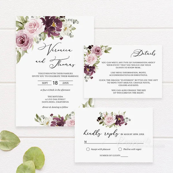 burgundy and dusty rose floral wedding invitations ROSYP22-B - Rosy Prints