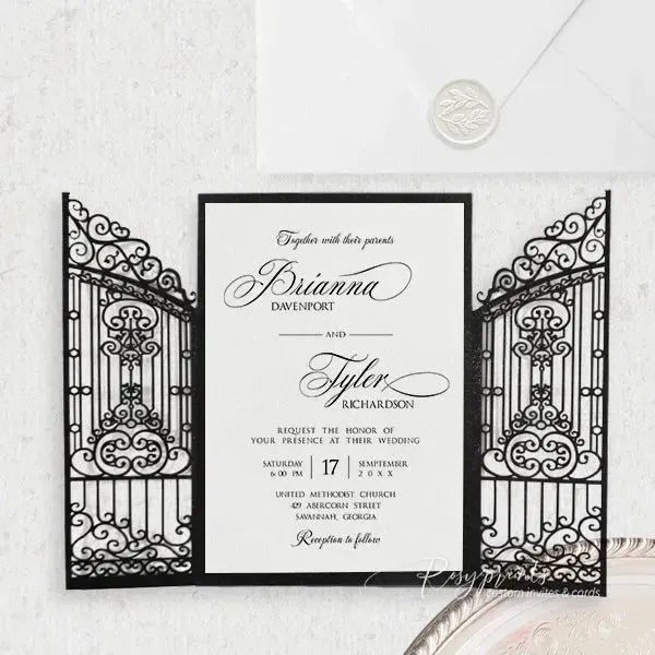 vintage black and white gatefold wedding invitations ROSG05 - Rosy Prints