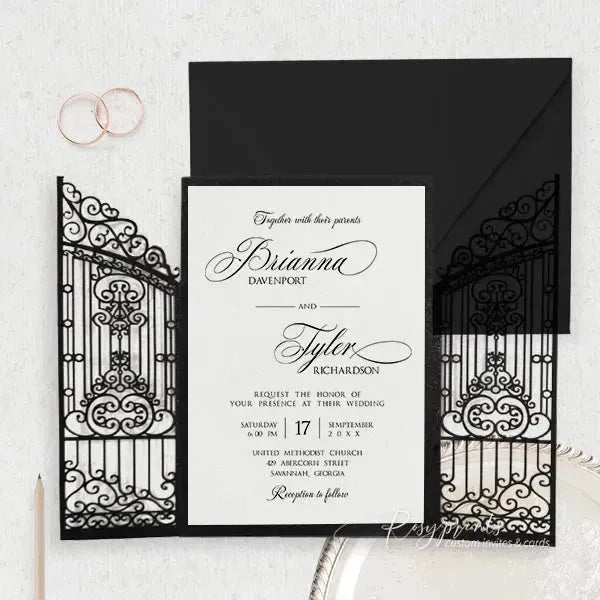 vintage black and white gatefold wedding invitations ROSG05 - Rosy Prints