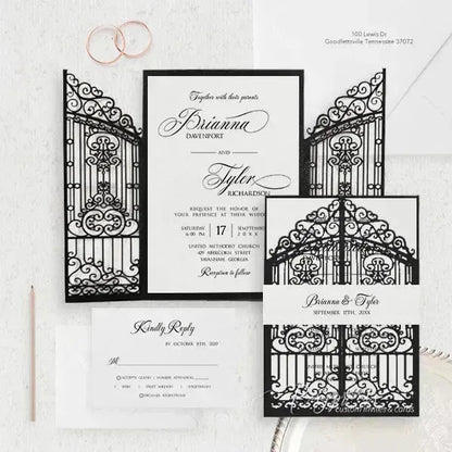 vintage black and white gatefold wedding invitations ROSG05 - Rosy Prints