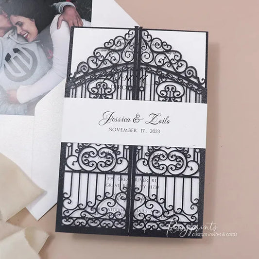 vintage black and white gatefold wedding invitations ROSG05