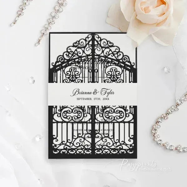 vintage black and white gatefold wedding invitations ROSG05 - Rosy Prints