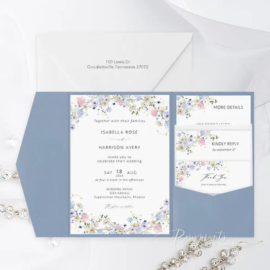 dusty blue purple wildflower wedding invitations ROSYP02