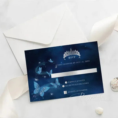 navy blue butterfly acrylic quince invitations ROSYA49