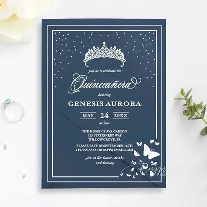 navy blue butterfly acrylic quince invitations ROSYA49 - Rosy Prints