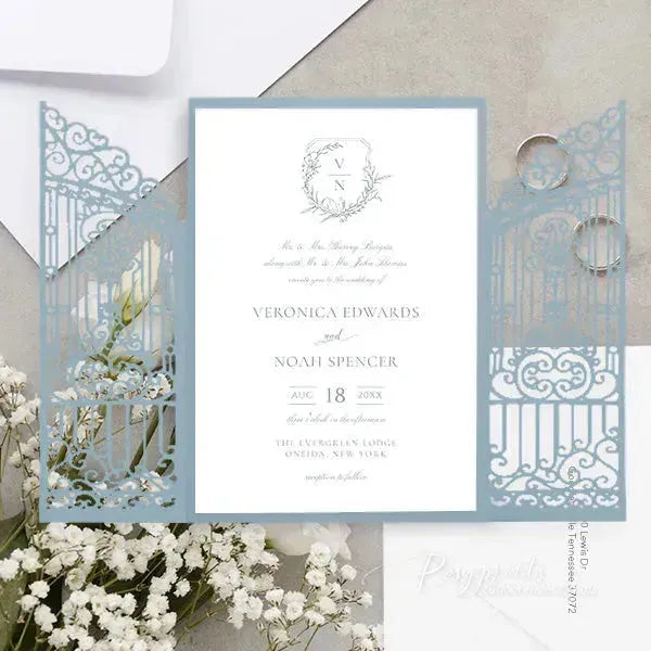 minimal leaf crest dusty blue wedding invitations ROSG22