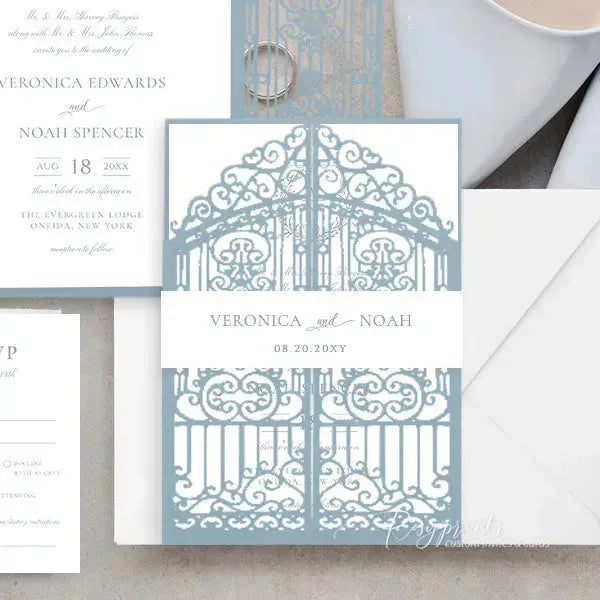 minimal leaf crest dusty blue wedding invitations ROSG22